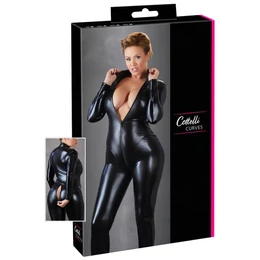 Cottelli Plus Size - fényes hosszúujjú party overál (fekete)