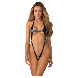 Obsessive Anyya - láncos bőrhatásű pántos body (fekete)