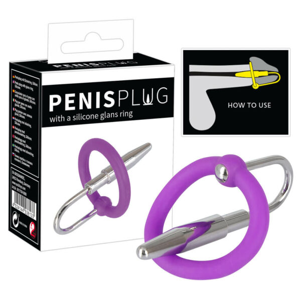 Penisplug - szilikon makkgyűrű húgycsőkúppal (lila-ezüst)