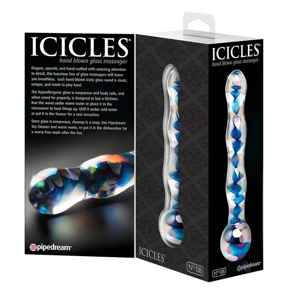 Icicles No. 08 - hullámos, kétvégű, üveg dildó (átlátszó-kék)