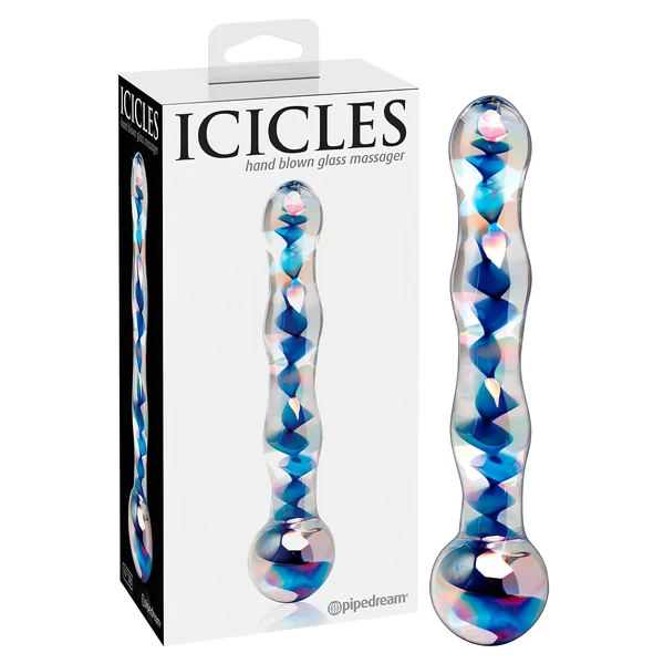 Icicles No. 08 - hullámos, kétvégű, üveg dildó (átlátszó-kék)
