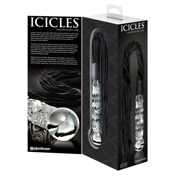 Icicles No. 38 - bőr korbács és üveg dildó (átlátszó-fekete)