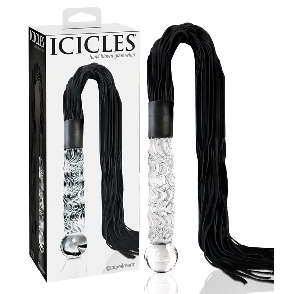 Icicles No. 38 - bőr korbács és üveg dildó (átlátszó-fekete)