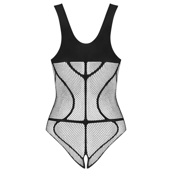 Obsessive B336 - átlátszó, nyitott necc body (fekete) - S-L