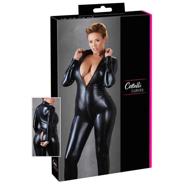 Cottelli Plus Size - fényes hosszúujjú party overál (fekete)