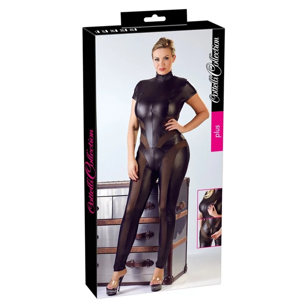 Cottelli Party Plus Size - rövidujjú fényes overall (fekete)