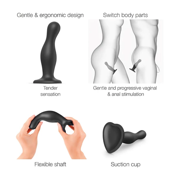 Strap-on-me Curvy M - hullámos, tapadókorongos dildó (fekete)