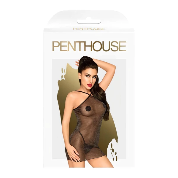 Penthouse Bombshell - csillogó, átlátszó ruha és tanga (fekete)